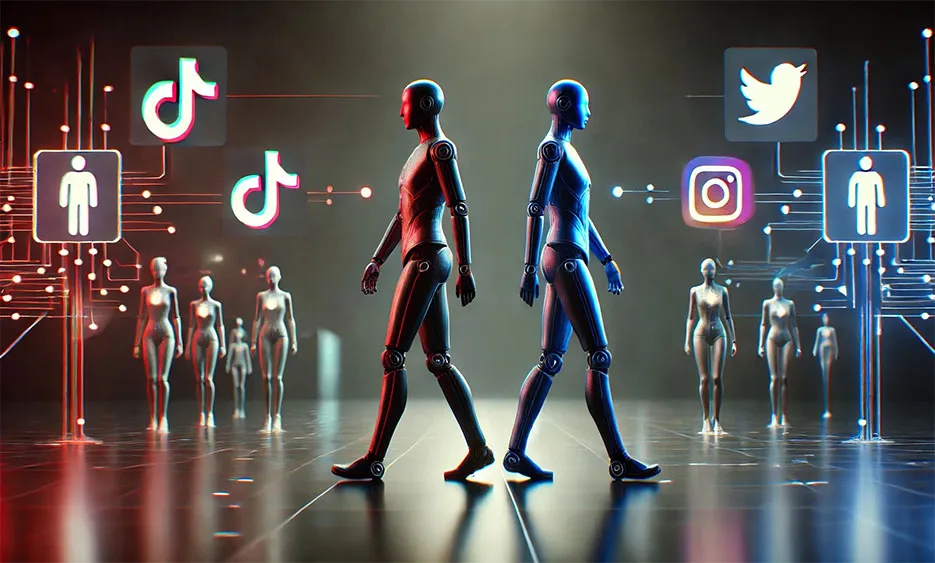 Zwei Roboter gehen in entgegengesetzte Richtungen, umgeben von sozialen Medien-Icons und Menschen-Symbolen. - Media Beats