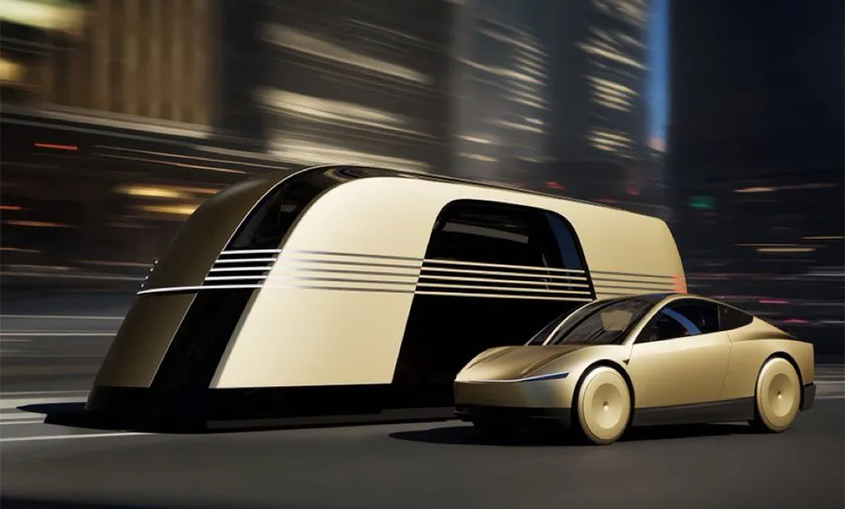 Futuristisches Robotaxi und Robovan von Tesla fahren in einer Stadt mit verschwommenem Hintergrund. - Media Beats