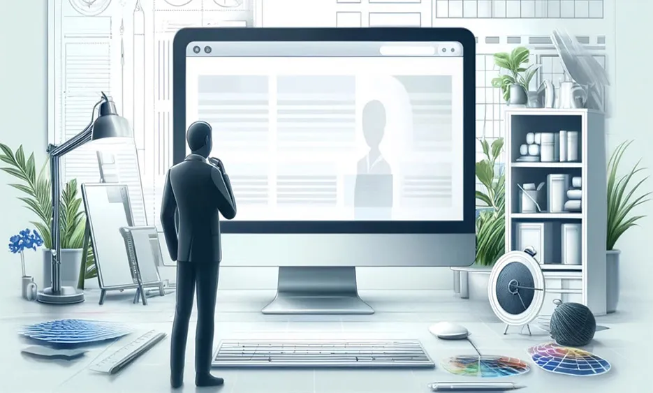 Geschäftsmann steht vor großem Bildschirm mit unscharfer Website-Ansicht in modernem Büro. - Media Beats