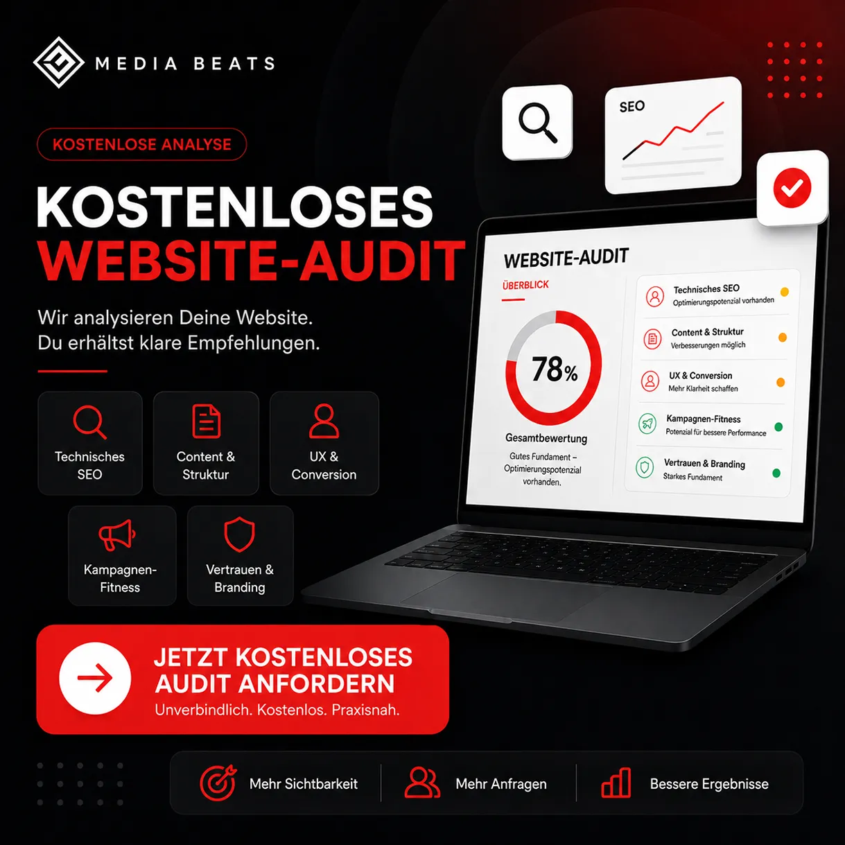 Laptop mit Website-Audit-Dashboard und SEO-Analyse für kostenloses Website-Audit von Media Beats.