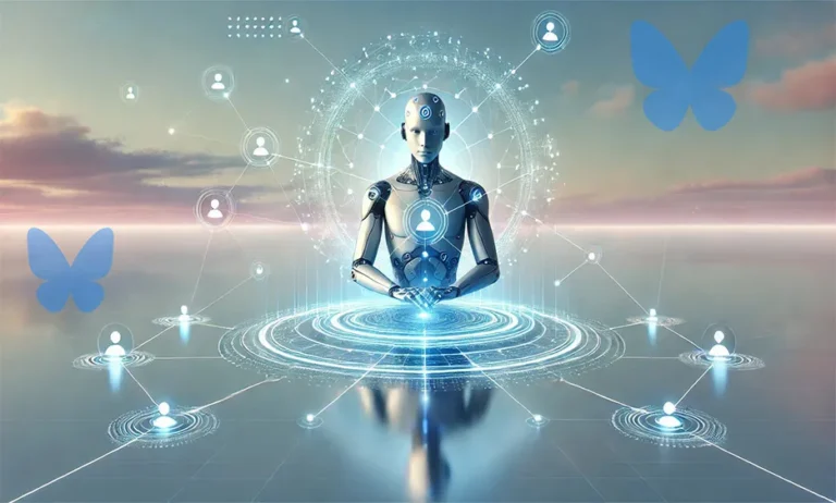 Roboter interagiert mit digitalem Netzwerk aus Nutzer-Icons und Verbindungen, umgeben von blauen Schmetterlingssymbolen. - Media Beats