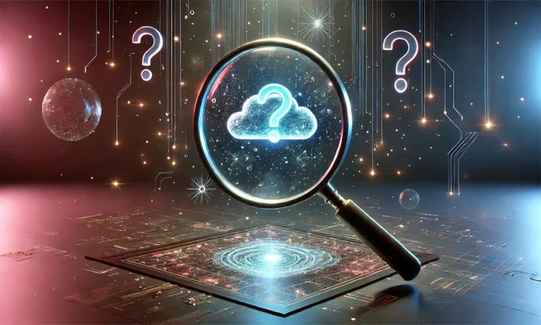 Lupe fokussiert auf ein Cloud-Symbol mit Fragezeichen, umgeben von weiteren Fragezeichen und digitaler Technik. - Media Beats