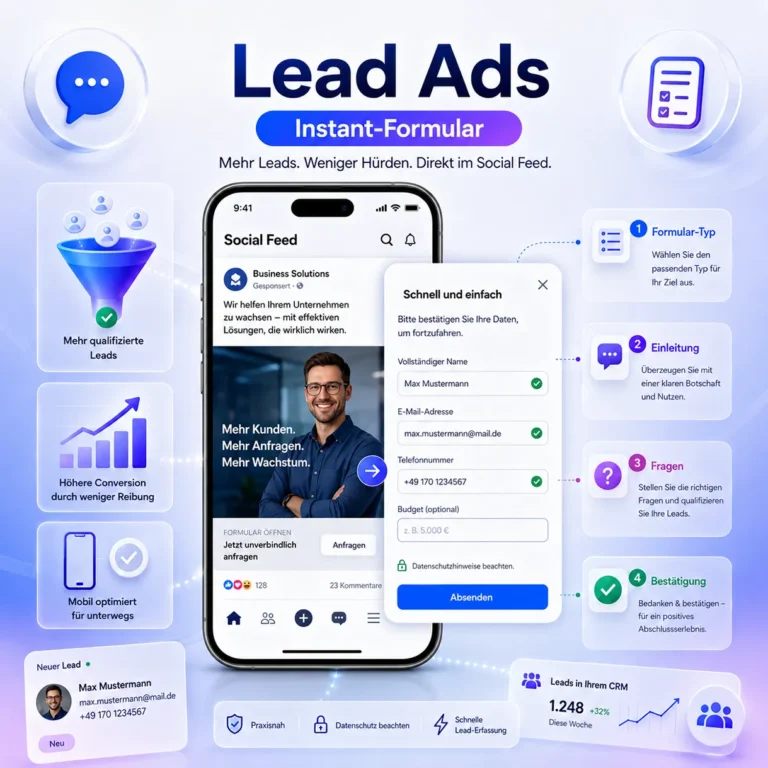 Infografik zu Meta Lead Ads mit Instant-Formular auf Smartphone und visualisierten Schritten zur Leadgenerierung.