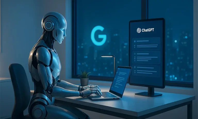 Roboter sitzt in einem modernen Büro bei Nacht vor Laptop und großem Monitor mit ChatGPT-Interface, im Hintergrund beleuchtetes Google-Logo – symbolisiert KI-gesteuerte Arbeit und autonome Systeme – Media Beats
