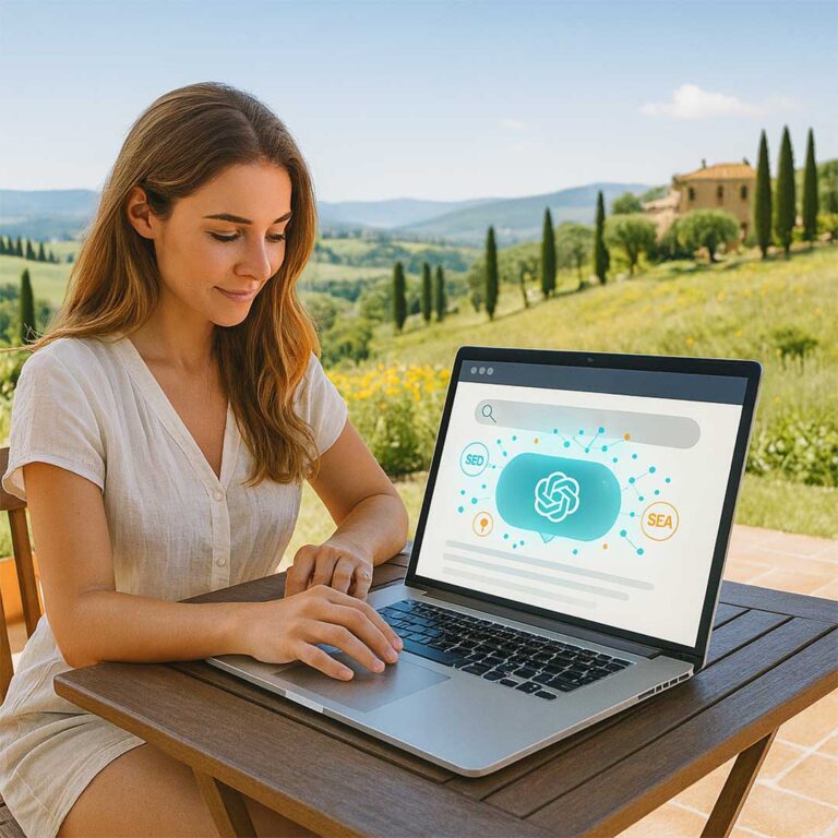 Foto Frau arbeitet mit KI-Tool für SEO und SEA auf Laptop in sonniger Landschaft – Media Beats GmbH