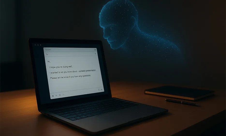 Foto KI im E-Mail-Marketing: Laptop mit automatisch generierter Nachricht und digitalem KI-Avatar – Media Beats GmbH