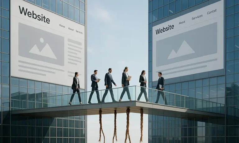 Foto Gastbeiträge und Linktausch: Business-Leute überqueren Brücke zwischen zwei Websites als Symbol für SEO 2025 – Media Beats GmbH