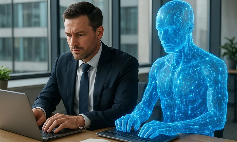 Foto KI im Arbeitsalltag: Geschäftsmann arbeitet am Laptop neben digitalem KI-Avatar – Media Beats GmbH