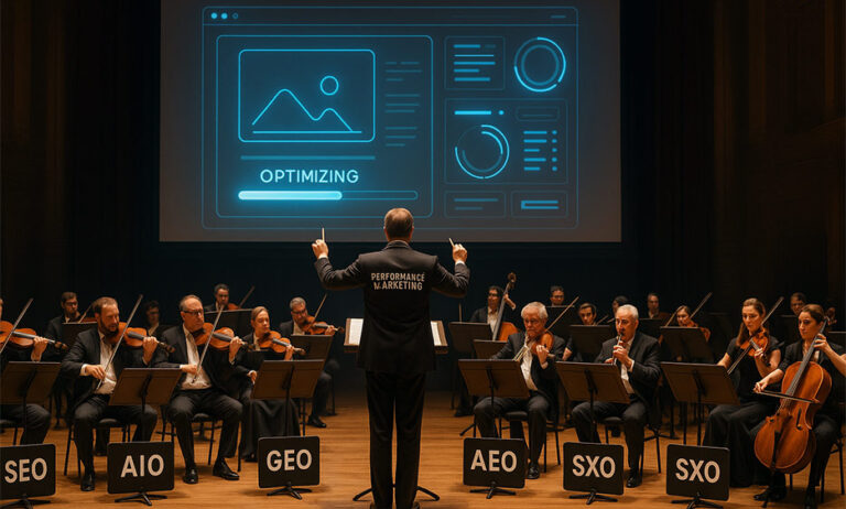 Orchester mit Schildern SEO, AIO, GEO, AEO und SXO, dirigiert von Performance Marketing, Symbol für moderne Optimierungsstrategien – Media Beats