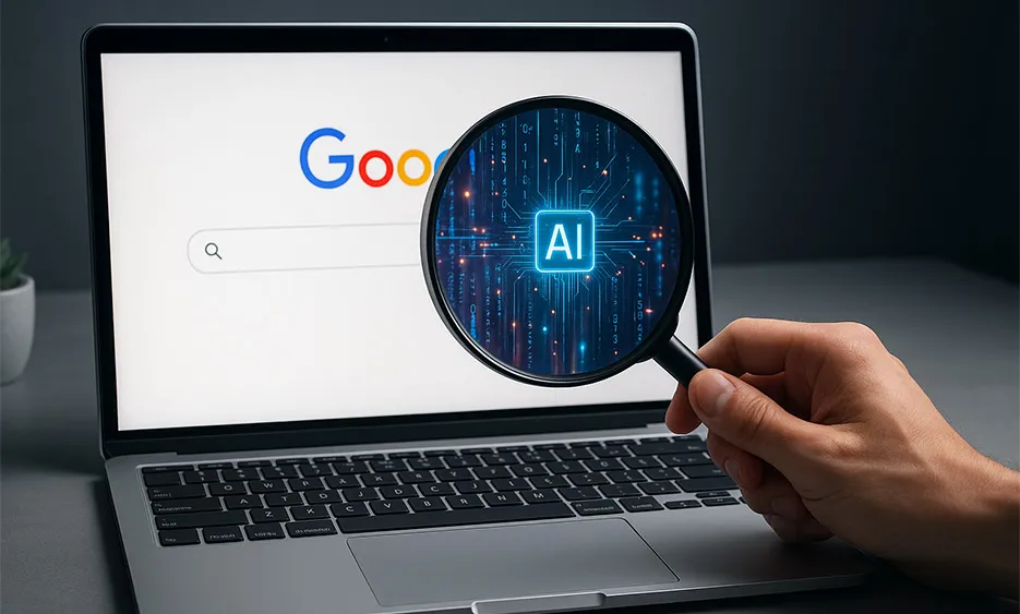 Laptop mit Google-Suchseite, Lupe zeigt künstliche Intelligenz Symbol für smarte Suchmaschinenwerbung – Media Beats GmbH