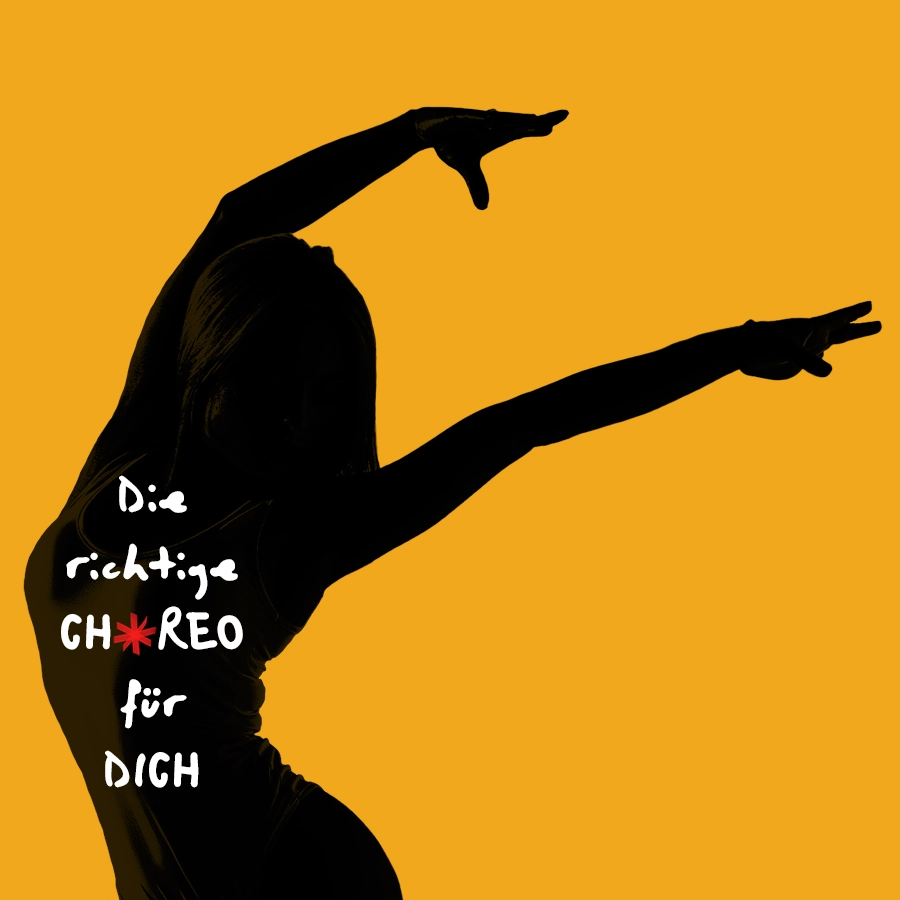 Silhouette einer tanzenden Frau vor orangem Hintergrund mit dem Text „Die richtige CHOREO für deine PERFORMANCE“