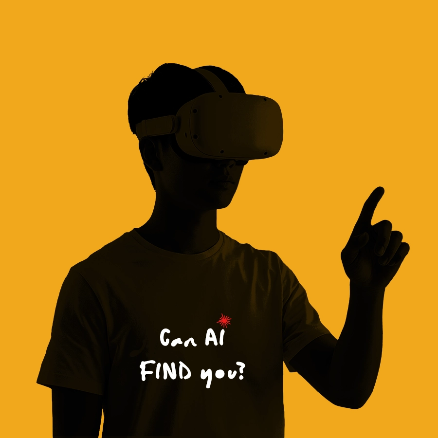 Silhouette einer Person mit VR-Brille vor orangem Hintergrund mit dem Text „Can AI FIND you?“