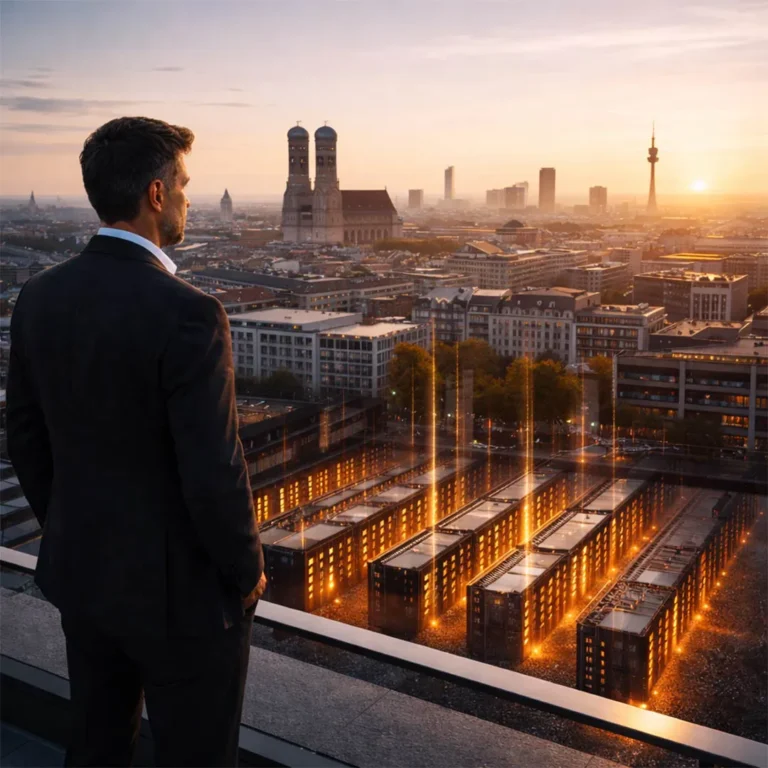 Marketingstratege blickt über München, während unter der Stadt ein leuchtendes KI-Rechenzentrum symbolisch sichtbar wird. - Media Beats
