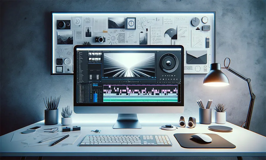 Computerbildschirm zeigt ein Schnittprogramm für Erklärvideos, moderner Arbeitsplatz mit Schreibtischlampe und Pflanzen. - Media Beats
